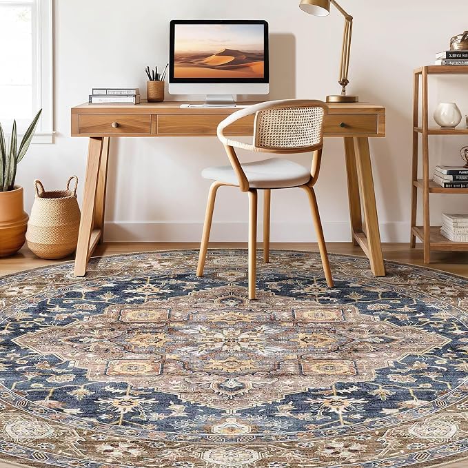 Round Rug Living Room Rugs: 10x10 Washable Boho Neutral Large Circle Soft Indoor Floral Stain Resistant Floor Farmhouse Carpet for Bedroom Nursery Kids Playroom Office Dining Room Dorm- Yellow Blue