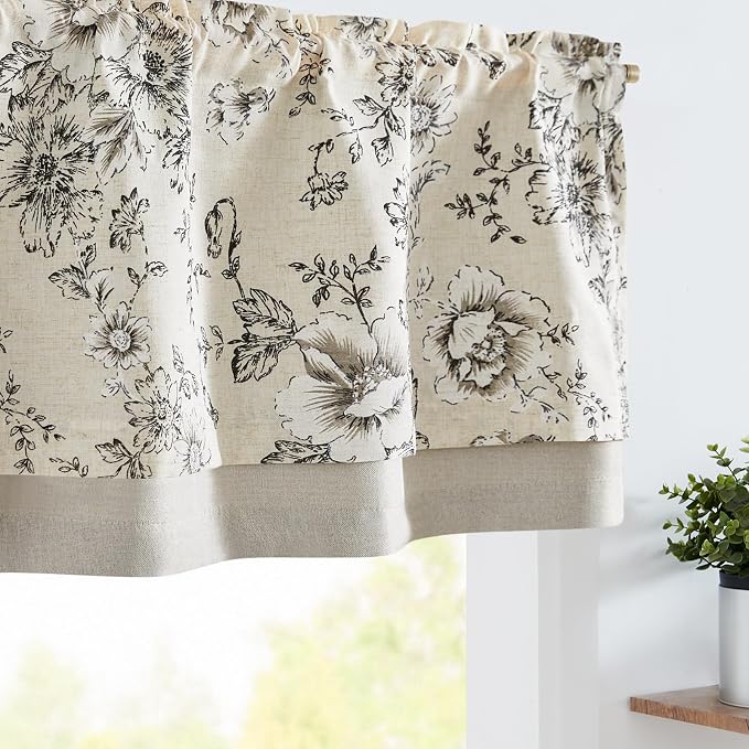jinchan Linen Valance Curtain Farmhouse Black Floral Small Window Curtain Double Layer Light Filtering Fall Valance for Kitchen Rustic Biege for Living Room Bedroom 18 Inch Rod Pocket One Panel