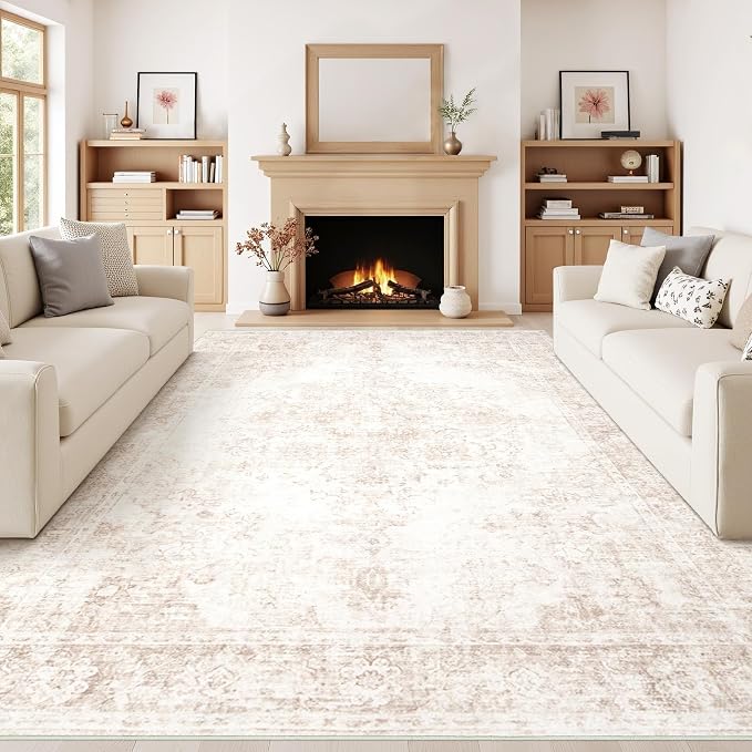 Vintage Living Room Area Rug - 9x12 Large Machine Washable Boho Moroccan Rug Distressed Farmhouse Rugs for Bedroom - Soft Non-Slip Indoor Carpet for Dining Room Office Nursery(Retro Beige, 9'x12')