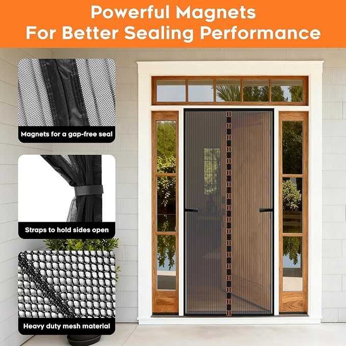 Magnetic Screen Door, Screen Door Mesh, Heavy-Duty Mesh Curtain, Door Net Keep Bugs Out, Hands Free Partition, Screen Size 34” × 82”, Fits 32” × 80” Doors, Pet & Kid Friendly, Black