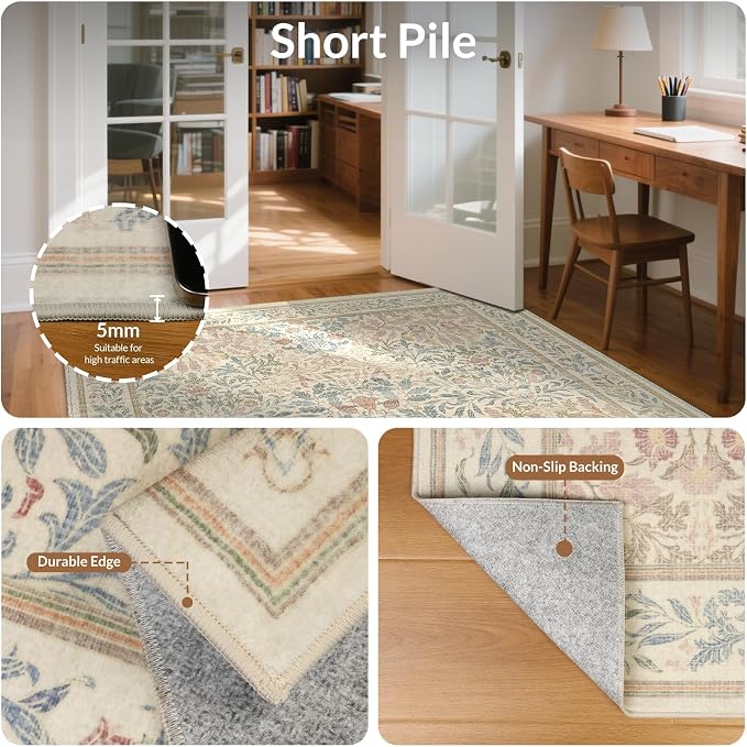 GENIMO 3x5 Washable Entryway Rug, Non Slip Bedroom Mat, Beige Pink | Vintage Boho Floral Low Pile Thin Carpet for Bedroom, Dining Room, Nursery, Indoor Decor