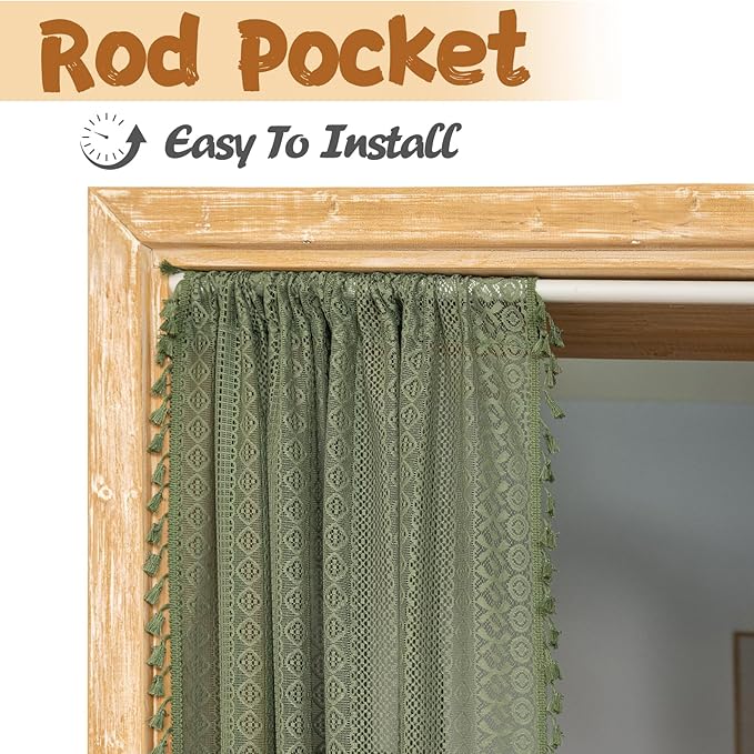 Sutuo Home Olive Green Boho Doorway Curtains for Doorway Closet, Lace Sheer Door Curtains for Front Door Crochet Vintage Tassels Bohemian Privacy Temporary Room Divider Rod Pocket,1 Panel 37" x 80"