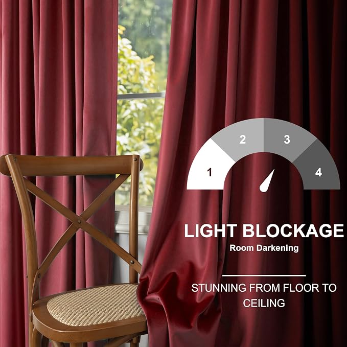Dark Red Velvet Curtains 96 Inches Long 2 Panels for Living Room Darkening Thermal Soundproof Thick Heavy Solid Textured Drapes for Master Bedroom Patio Door Doorway Room Dividers Decoration Burgundy