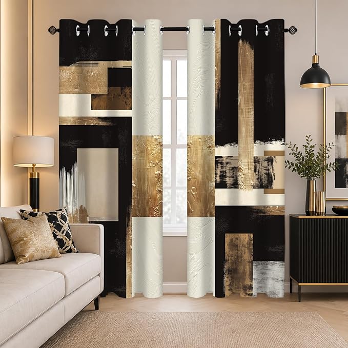 Boho Black Gold Abstract Blackout Curtains, Modern Oil Aesthetic Neutral Contemporary Beige Darkening Thermal Insulated Grommet Light Blocking Drape Decor, 52 x 63 Inch Long 2 Panels