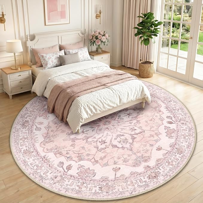 RELEANY Area Rugs Round 10ft Washable Non-Slip, Floral Vintage Distress Medallion Carpet for Living Room Bedroom Dining Room, Pink Greypink Cute