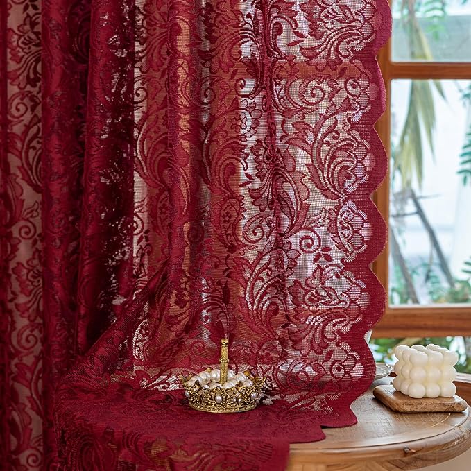 ALIGOGO Burgundy Lace Curtains 72 Inch Length, Retro Sheer Flower Maroon Sheer Curtains for Bedroom French Door, Luxury Light Filtering Rod Pocket Aesthetic Window Treatments, 52 W x 72 Inch, Wine Red
