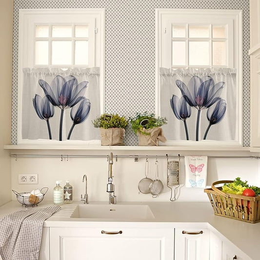 Kitchen Tier Curtains 24 inches Long, Abstract Transparent Blue Flower Tulip Cotton and Linen Texture Curtains for Living Room Bath,Rod Pocket Light Filter Drapes Half Window Treatment Tiers 2 Panels