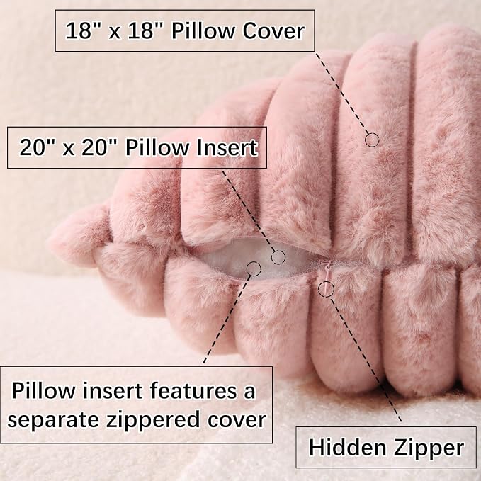 Decorative Throw Pillow with Inserts, Set of 2 Soft Faux Fur Throw Pillows, Square Boho Striped Pillow for Couch, Bed, Sofa Decor (Pink, 18" x 18"(Pack of 2))