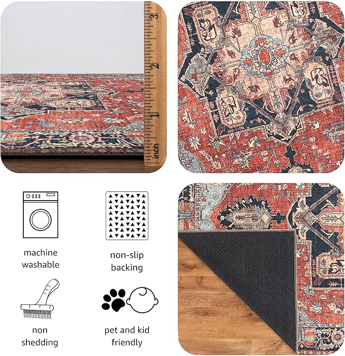 Keen Home Design 5x7 Rug - Machine Washable Area Rug with Non-Slip Backing, Ideal for Living Room, Dining Room, Bedroom - Vintage, Easy Clean, Durable, Low Pile Rug - (5' x 7')