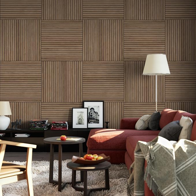 4-Piece Wood Slat Wall Panel for Interior Wall Decor Noise Cancelling 47.2" x 23.6" Peel and Stick Acoustic Decorative 3D Sound Absorbing Wall Paneling, Walnut