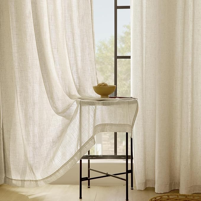 Faux Linen Beige Curtains 84 Inches Long for Living Room Rustic Farmhouse Semi Sheer Drapes Set of 2 Panels 52x84 Khaki Tan