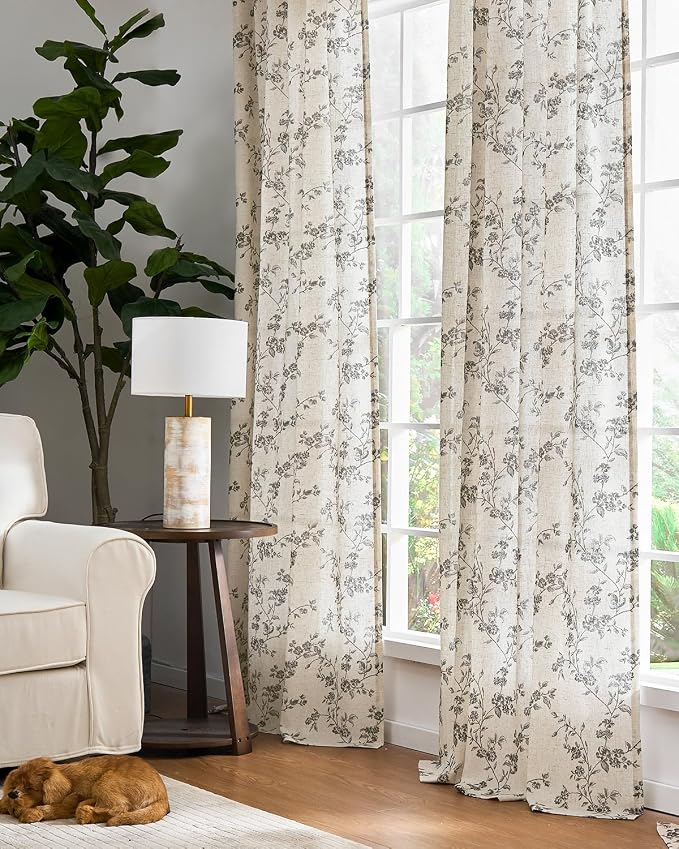 jinchan Black Floral Linen Curtains 63 Inch Farmhouse Back Tab 2 Panels | Flower patterned drapes, french country, printed, privacy, light filtering, bedroom, living room, dining room, home decor