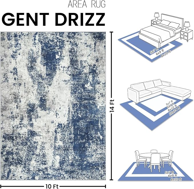 Area Rugs 10x14 Living Room: Large Soft Washable Rug Modern Abstract Anti-Skid Non-Shedding Carpet Indoor Floor Thin Carpets for Bedroom Dining Room Farmhouse Nursery Home Office Blue