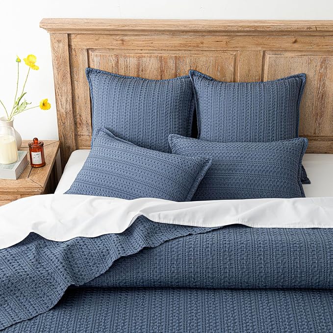 Foindtower Set of 2 Decorative Cotton Waffle Weave Throw Pillow Covers Euro Shams Cushion Covers Accent European Pillowcase for Bed Couch Sofa Bedroom Living Room Home Decor 20×20 Inch Blue