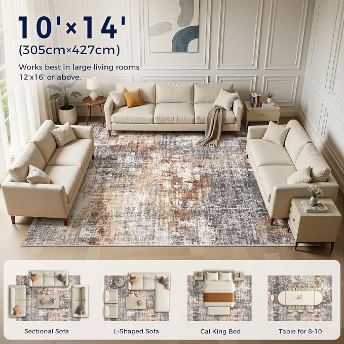 DMOYEST Area Rug Living Room Rugs - 10x14 Washable Large Soft Indoor Neutral Modern Abstract Low Pile Rug Carpet for Bedroom Dining Room Farmhouse Home Office - Grey Brown