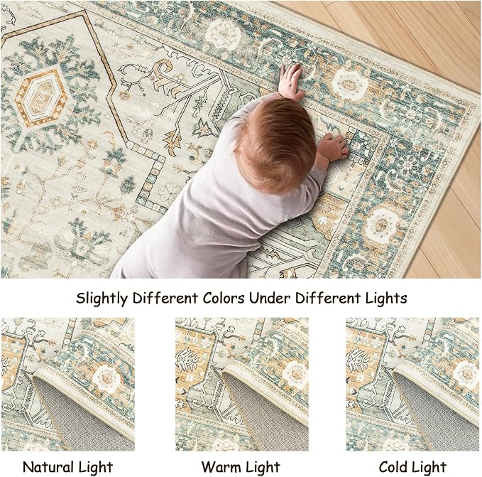 Roxstand 6x9 Washable Area Rug, Low Pile Non Slip Rug, Green/Grey | Large Area Rug, Non-slip Backing, Super-Soft Floral Vintage, Low Pile, For Living Room, Bedroom, Dining Room, Office