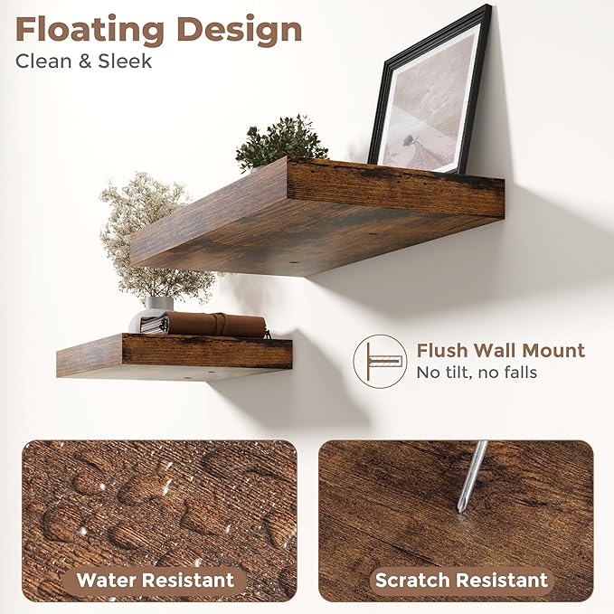 36 Inch Floating Shelves for Wall 2 Pack, 12"D Wood Grain Bathroom Shelves with Invisible Brackets, Easy Install Engineered Wood Storage Shelves for Kitchen, Living Room, Bedroom, Rustic Brown Finish