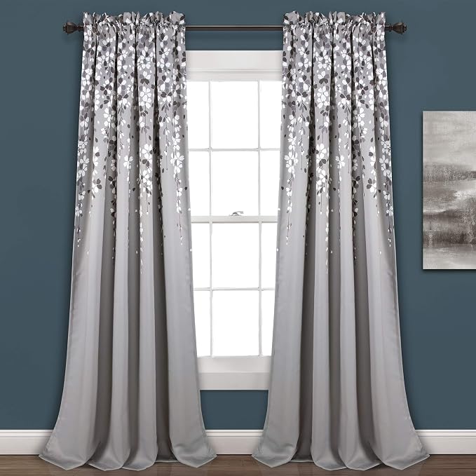 Lush Decor Weeping Flower Light Filtering Window Curtain Panels, Pair, 52"W x 84"L + 2" Header, Gray - Charming Modern Floral Curtains for Living Room, Dining Room, & Bedroom