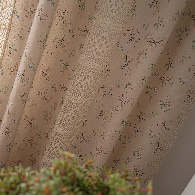 OYX Floral Farmhouse Curtains 96 Inches Long Semi-Blackout Living Room Drapes Cotton Linen Blend Bohemian Window Curtain Panels with Tassel Beige Rod Pocket Bedroom Drapes, 2 Panel