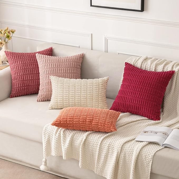 MIULEE Pack of 2 Corduroy Decorative Throw Pillow Covers 16x16 Inch Soft Boho Striped Pillow Covers Modern Farmhouse Home Decor for Sofa Living Room Couch Bed Cranberry Red