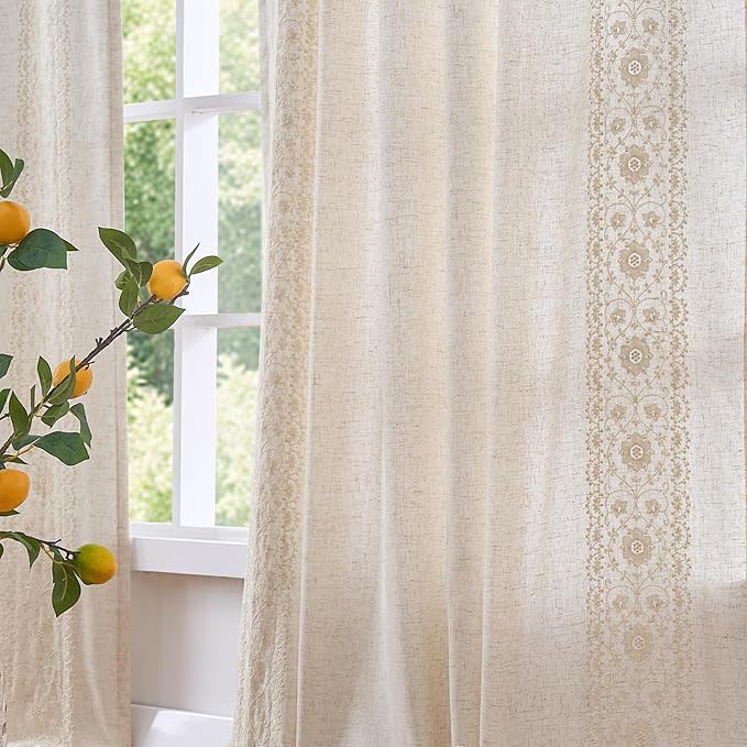 jinchan Weslie Boho Lined Linen Curtains for Bedroom Ivory Vintage Floral Farmhouse Curtains 63 Inch Length Linen Drapes for Living Room Embroidered Drapes Rod Pocket Ivory on Beige 2 Panels