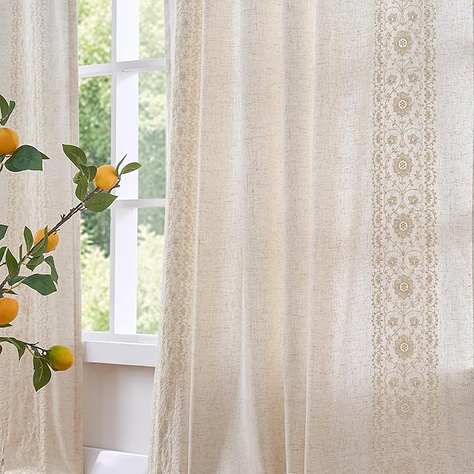 jinchan Weslie Boho Lined Linen Curtains for Bedroom Ivory Vintage Floral Farmhouse Curtains 90 Inches Long Linen Drapes for Living Room Embroidered Drapes Rod Pocket Ivory on Beige 2 Panels