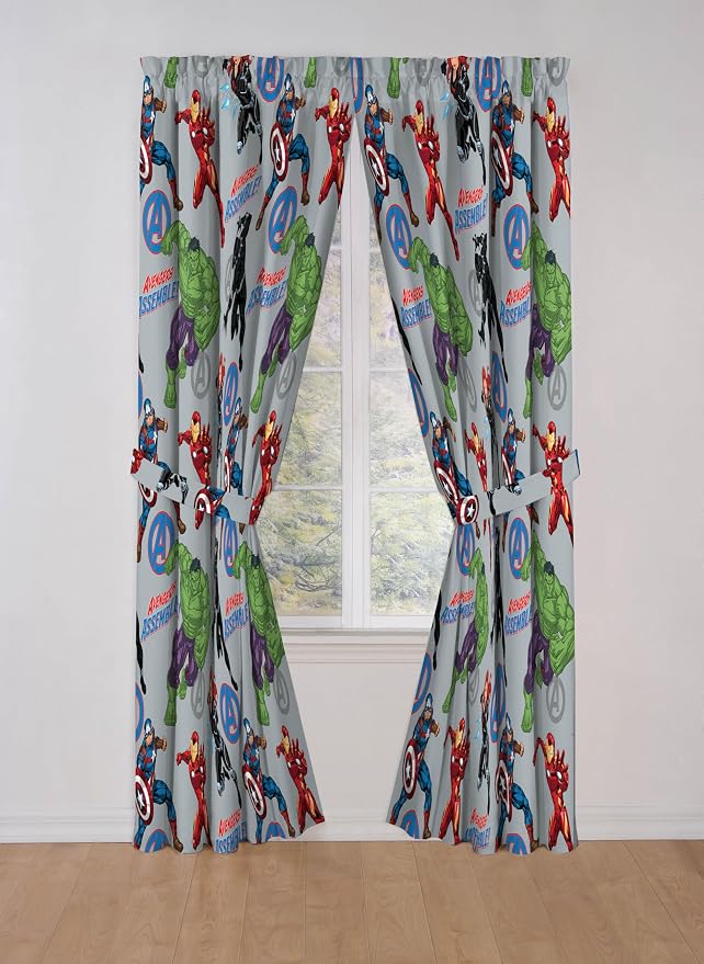 Jay Franco Window Curtains for Kids Bedroom 4-Piece Drape Set with 2 Tiebacks, Grey - Avengers, 42" W x 84" L (Pack of 2)