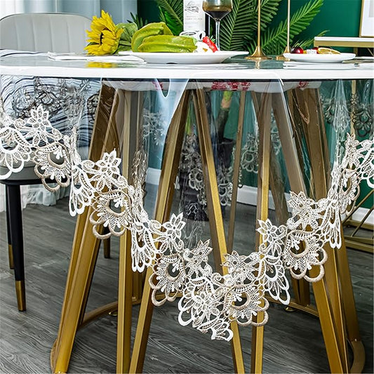 Jeloris Plastic Clear Round Tablecloth Vinyl PVC Waterproof Tablecloth Embroidered Lace Edge Transparent Table Cover for Kitchen Dining Coffee Table (Round 75 inch, Khaki Flora)