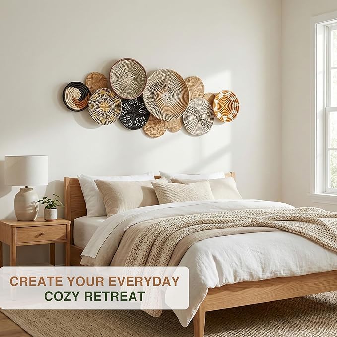 Set of 12 Woven Basket Wall Decor, Decorative Plates for Wall, Unique Wicker Wall Art Decor, Decorative Baskets for Livingroom Bedroom
