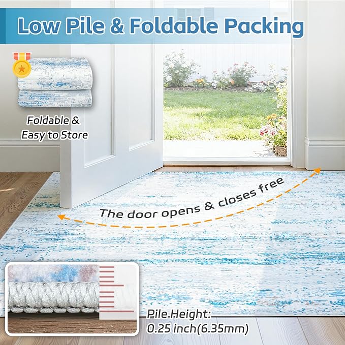 10x14 Area Rugs Washable Rug: Anti-Skid Abstract Modern Living Room Rug Soft Thin Carpets Indoor Floor Non-Shedding Carpet for Bedroom Dining Nursery Home Office (Light Blue/White/Beige,10'x14')