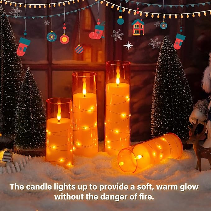 kakoya Flameless LED Candles with Timer 5 Pc Flickering Flameless Candles for Romantic Ambiance and Home Decoration Stable Acrylic Shell,with Embedded Star String，Battery Operated Candles（Orange）
