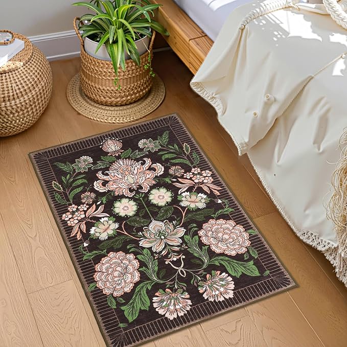 GarveeHome Plum Pink Floral 2x3 Door Mat Indoor Rugs for Entryway Small Black Purple Vintage Boho Cottage Throw Washable Non-Slip Low-Pile Rug for Bedroom Kitchen Bathroom Entrance