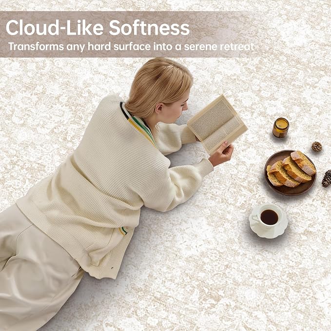 Sasttie 9x12 Area Rug, Ultra-Soft Washable Rug, Low Pile Foldable Thin Carpets with Non-Slip Backing, Skin-Friendly Stain Resistant Carpet for Living Room, Bedroom, Kitchen, Dorm, 9x12, Cream