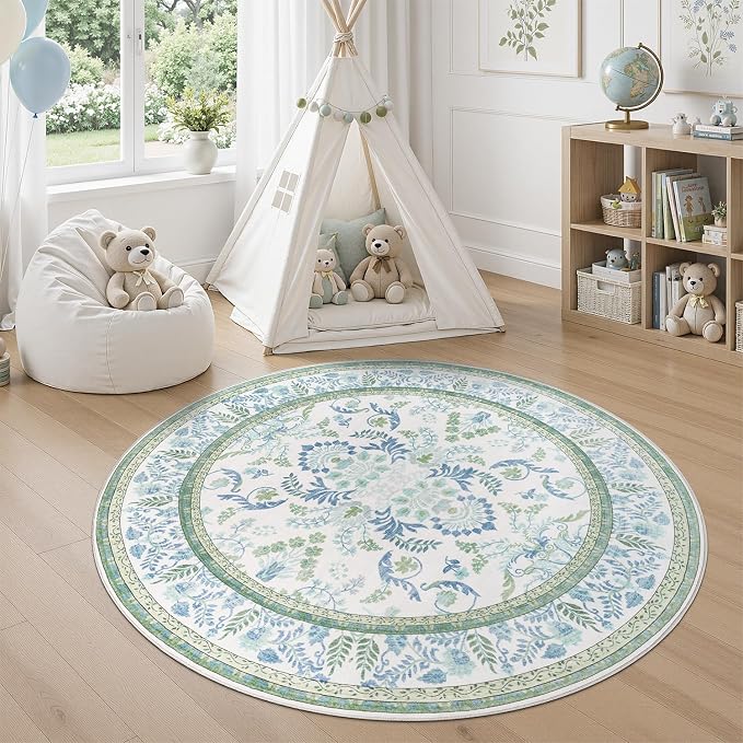 DCX Area Rug 6x6 Botanical Floral Washable Rugs in Green and Blue Soft Non Slip Low Pile Stain Resistant Round Carpet for High-Traffic Areas Bedroom Kitchen Dining Room