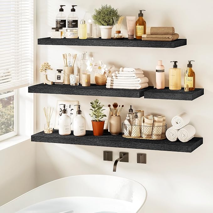 Vivelove 36 Inch Floating Shelves, Deep Wall Shelves with Invisible Brackets, Display Shlf for Bathroom Living Room Kitchen Bedroom Office Farmhouse Home Decor, 36" X 9.3" X 1.5" - Set of 2, Black