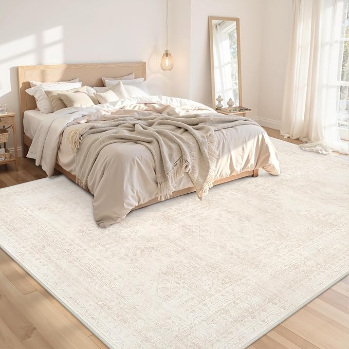 10x12 Area Rugs for Living Room: Vintage Boho Neutral Washable Rug Indoor Soft Large Area Rug Carpet for Bedroom Nursery Farmhouse Dining Room Office Floor Non-Slip Low Pile Under Table Rug Beige
