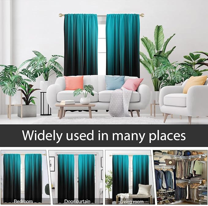 AAtter Teal and Black Window Curtains, 2 Panels, Wide Long 52" W x 84" L | Turquoise Modern Rod Pocket Drapes, Abstract Ombre Striped Style, Dark Aqua Design, Large Living Dining Room Decor for Men
