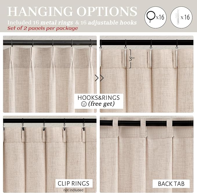 PleatedDrapes Light Filtering Primitive for Living Room, Thick Linen Semi Sheer Curtains 96 Inches Long 2 Panels Set Rustic Country Oatmeal Beige Curtains Patio Door Window Drapes Window Treatments