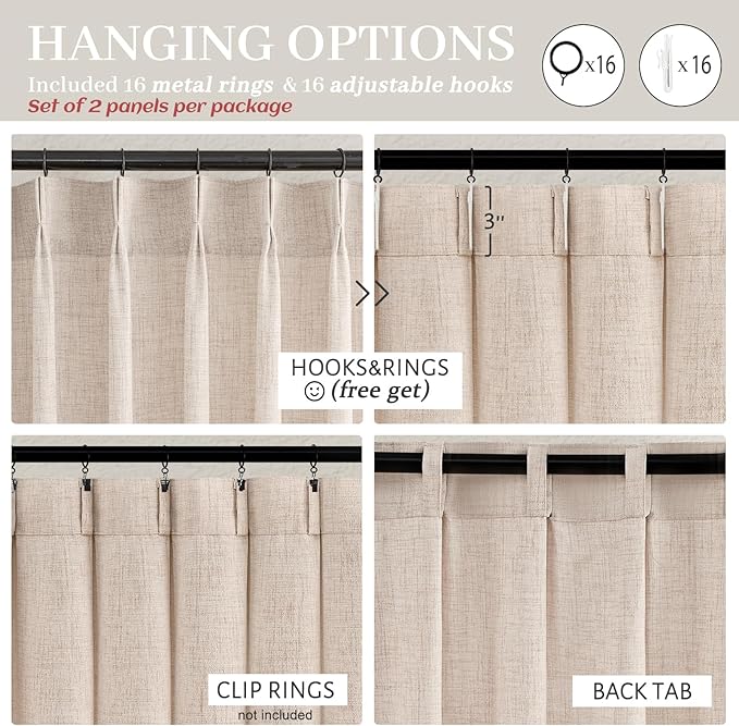 Unique Thick Natural Linen Pleat 86 Inch Curtains 2 Panels Set for Kids Bedroom, Country Farmhouse Memory Trained Pinch Pleated Burlap Light Filtering Sheer 40 x 86 Inches Length for Office with Hooks