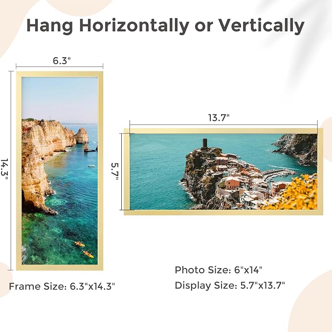 FLYJOE 6x14 Metal Picture Frame - Gold Aluminum Picture Frames with Real Glass, Wall Mounting Horizontally or Vertically, Simple and Elegant Decor for Wall Gallery Poster Photo 14x6 Frames, Gold