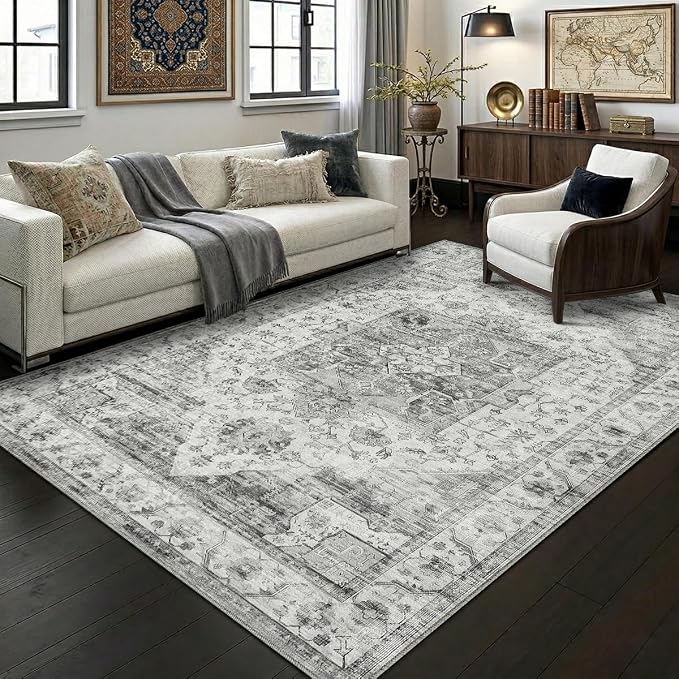 9x12 Area Rug for Living Room-Vintage Farmhouse Boho Floral Washable Stain Resistant Indoor Carpet for Bedroom Office and Home Decor(Black&Grey)