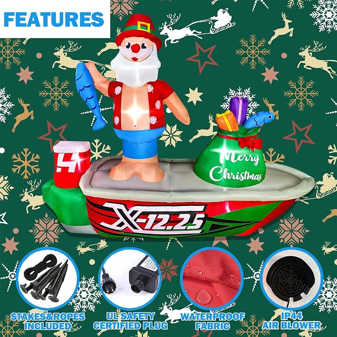 BLOWOUT FUN 8ft Inflatable Christmas Santa Claus Standing on a Fishing Boat with Gift Bag Lighted Blow Up Decortion, LED Blow Up Lighted Decor Indoor Outdoor Holiday Decor