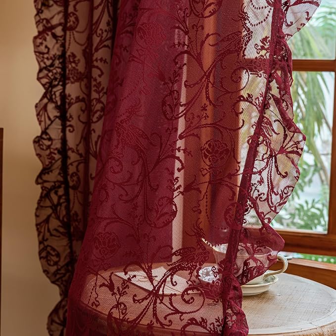 TUDECO Sheer Burgundy Curtains for Bedroom 2 Panels Set - Romantic Floral Branch Wine Red Lace Curtains 72 Inch Length, Embroidered Ruffle Window Treatment Vibrant Home Decor, 59 x 72 Inch, Maroon