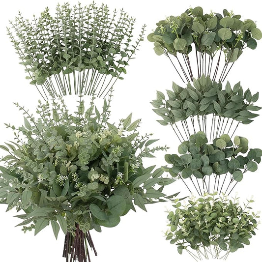 lovemoon 130 Pcs Artificial Mixed Eucalyptus Stems Bulk, 5 Kinds of Faux Greenery Eucalyptus Leaves Bulk for Vase Wedding DIY Bouquets Floral Arrangement Home Decor (130, Green)