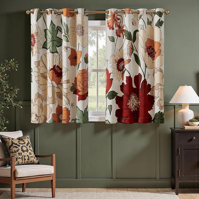 jinchan Lora Floral Curtains for Bedroom Blackout Drapes for Living Room Darkening Fabric Vintage Beige Boho Flower Pattern Fall Decor Window Curtains 63 Inches Length 2 Panels with Grommet