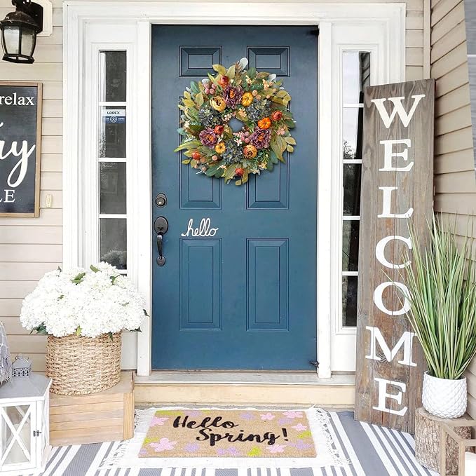 WANNA-CUL 24in Fall Front Door Wreath,Hydrangea Peony Pumpkin Harvest Decor | Twig-base Autumn wreath, Thanksgiving Farmhouse decor with storage box for reuse, indoor outdoor seasonal gift