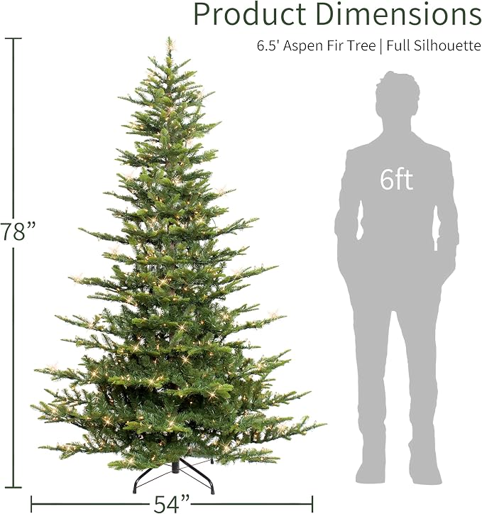 Puleo International 6.5ft Pre-Lit Aspen Fir Artificial Christmas Tree with 500 Clear Lights, 903 Realistic Dense Branch Tips, Easy Setup Artificial Trees with Sturdy Metal Stand