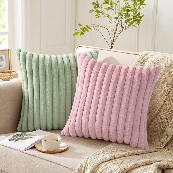 Pallene Faux Fur Plush Throw Pillow Covers 26x26 Set of 2, Luxury Soft Fluffy Striped Decorative Pillow Covers for Sofa, Couch, Living Room, Sage Green