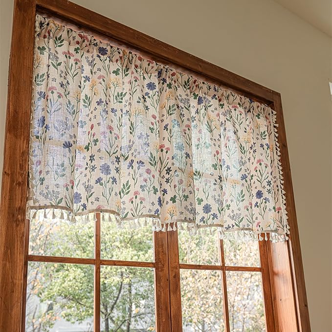 Deeprove Boho Valance Curtain 18 Inch with Tassels Cute Floral Herb Print Kitchen Window Sheer Short for Living Room Cafe Closet Farmhouse Chic Vintage Country Style Drape Decor 1 Panel 52W x 18L