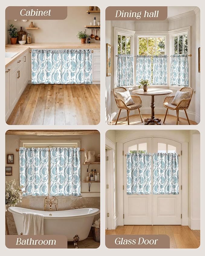 Miss Adola Farmhouse Kitchen Tier Curtains - 36 Inch Length Linen Blend Floral Cafe Curtains Blue Small Window Treatments Over Sink Rod Pocket for Bathroom Living Room Light Filtering, 2 Panels